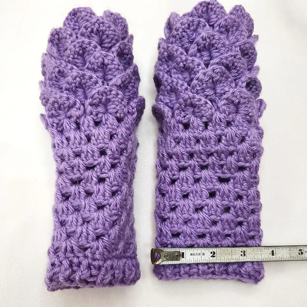 Crochet Dragon Scale Fingerless Gloves Handmade Purple Texting Crocodile Stitch